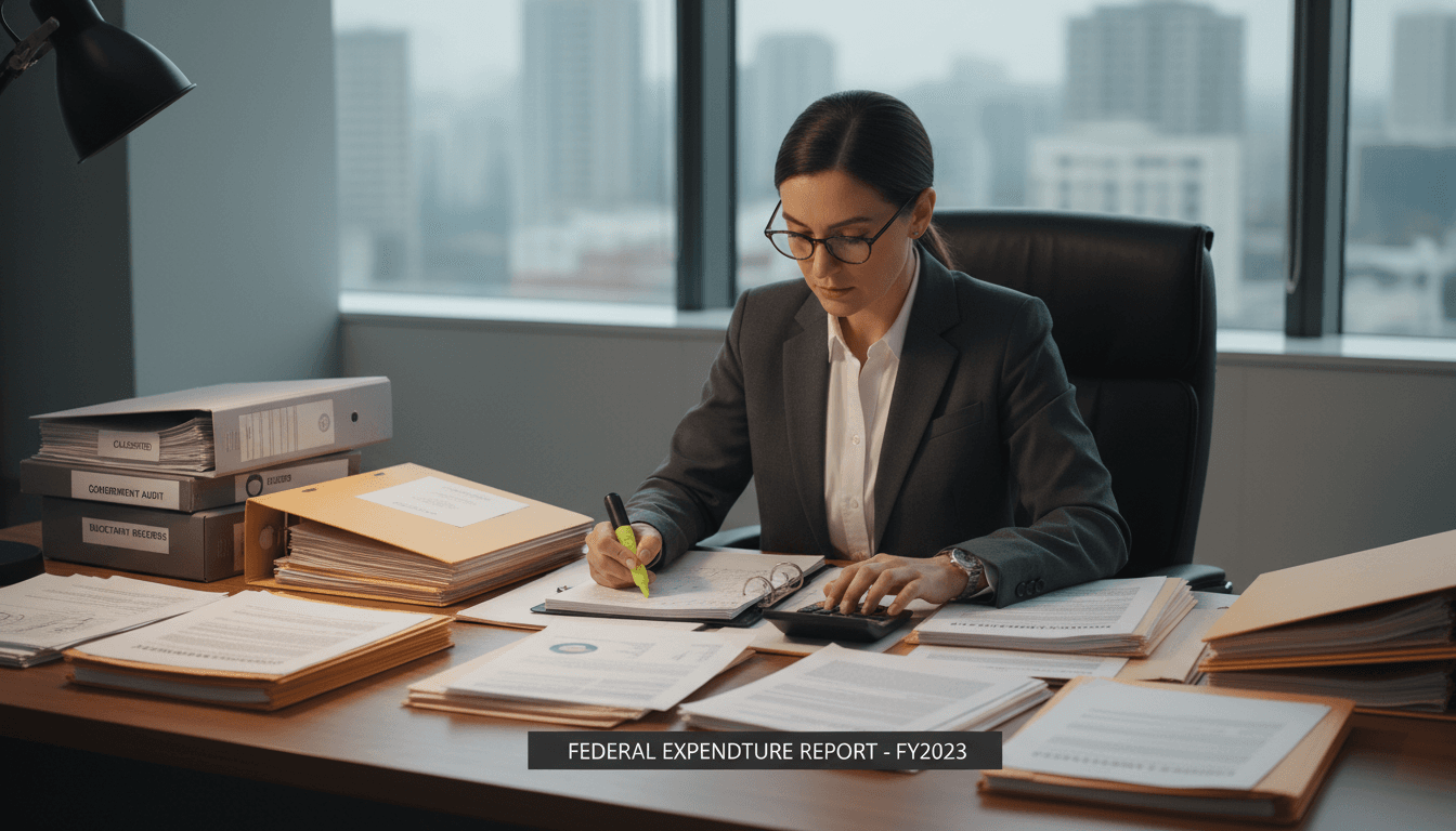 Professional auditor reviewing government documents at a desk with file folders